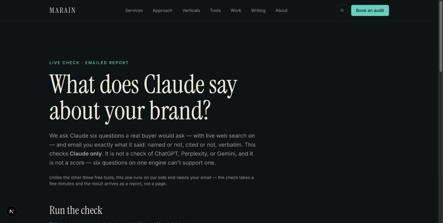 The top of the AEO Visibility Check page, with the headline "What does Claude say about your brand?", the Claude-only labeling underneath it, and the start of the intake form