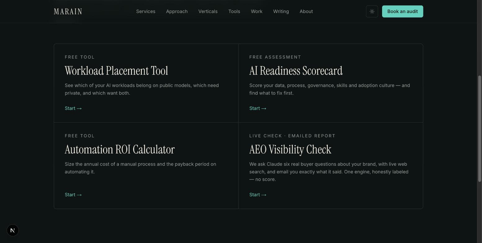 The /tools hub showing all four free tools, with the new AEO Visibility Check card in the bottom right describing the live Claude check with no score